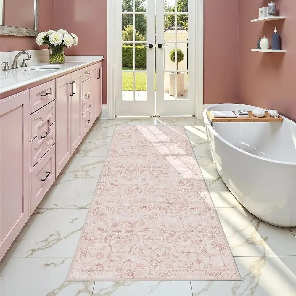 Pink 2x6 Runner Rug for Hallways Bed Side Kitchen, Boho Washable Distressed Low-